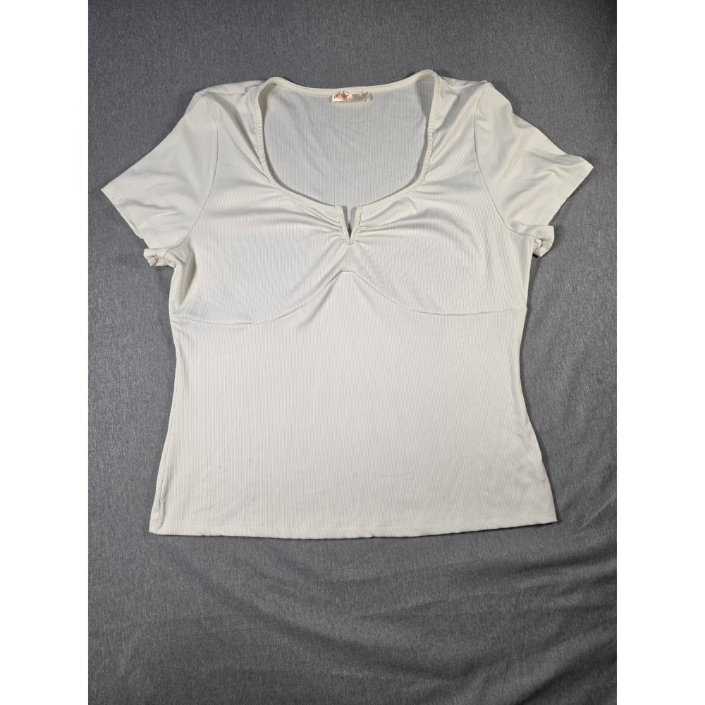 Intempo Womens Cream Ribbed Notched Neck Bustier Seam Top XXL White Short Sleeve
